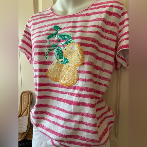Kim Rogers Tops - Pink Striped sequence Lemon Design, by Kim Rogers, size L, UEC